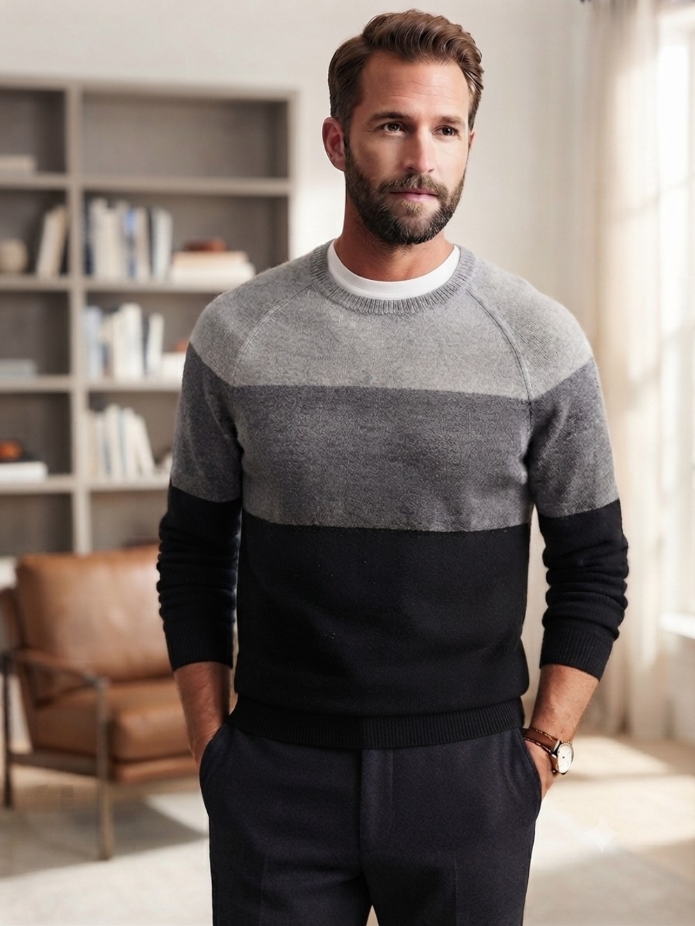 Neiman Marcus 100% Cashmere Gray Colorblock Crewneck Sweater | Men's XL